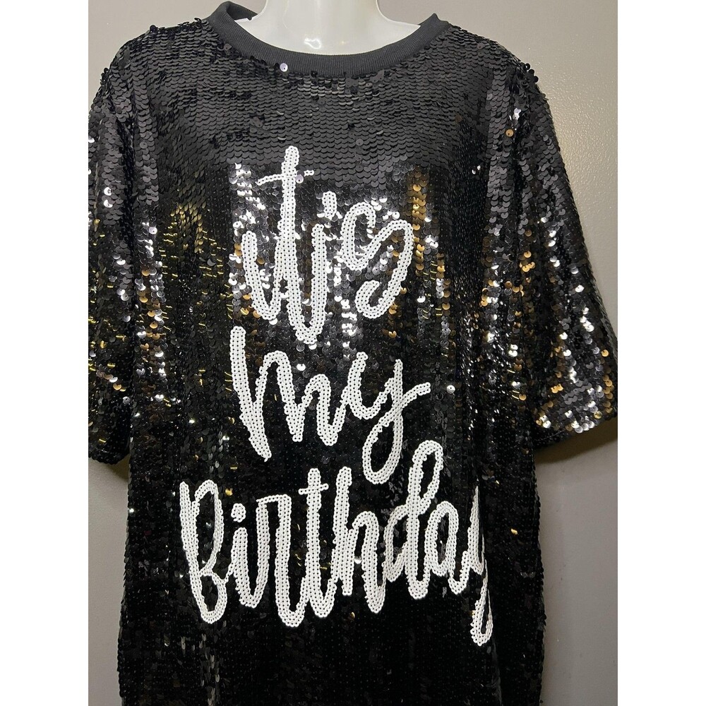 WHY DRESS T Shirt Dress Womens One Size Black Sequin It's My Birthday Mini